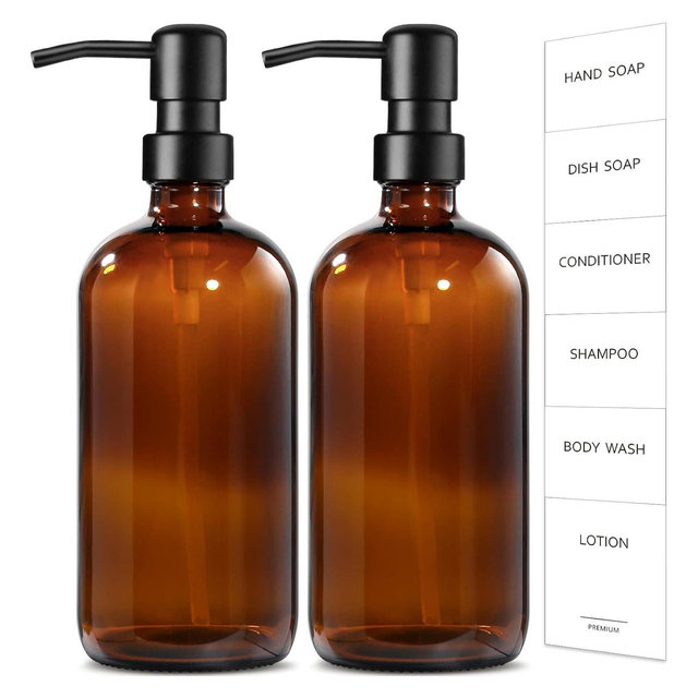 BRINJOY Amber Glass Soap Dispenser, 2 Pack Bathroom Hand Soap Dispensers , 17 Fl Oz Kitchen Hand and Dish Soap Dispenser Set, Modern Vintage