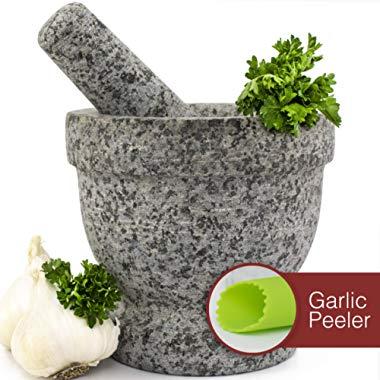 Mortar and Pestle Set - Unpolished Granite Bowl with Bonus Garlic Peeler | Great for Guacamole! | 2 Cup Capacity. Protective Pad for Stability and Protected Counters