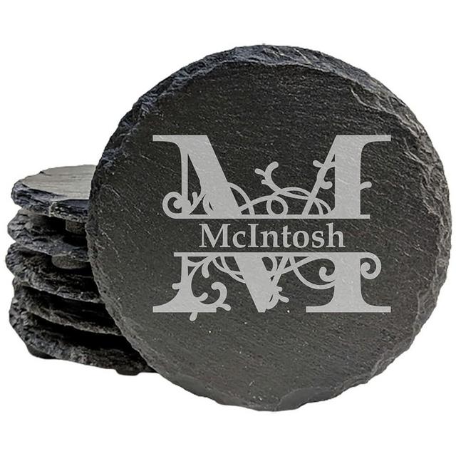 Vine Split Family Monogram Personalized Custom Coasters - Round Slate - set of 6