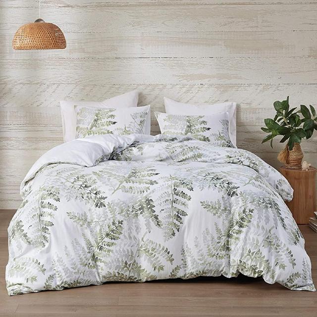 INTELLIGENT DESIGN Reversible 100% Cotton Duvet - Breathable Sateen Comforter Cover, Modern All Season Bedding Set with Sham (Insert Excluded), Judith, Palm Leaf Green Full/Queen(90"x90")