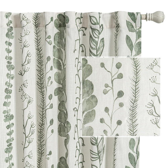 MEETSKY Sage Green Curtains 63 Inches Long Boho Curtains for Living Room Bedroom Semi-Sheer Linen Style Back Tab Drapes Light Filtering Leaf Printed Window Curtain, 50” Wide Each Panel, 2 Panels