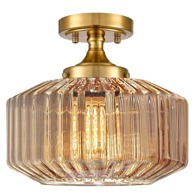 Qepeety Flush Mount Light Fixture 11.02" Farmhouse 1 Light Ceiling Fixture with Amber Striped Hand Blown Glass Shade, E26 Base for Kitchen, Dining Room, Hallway