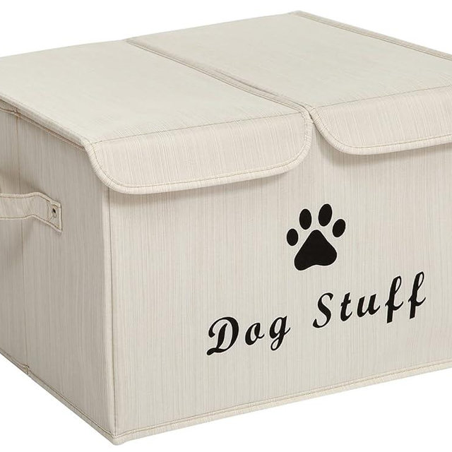 Brabtod Large Dog Toys Storage Box Canvas Storage Basket Bin Organizer with Lid - Collapsible Linen Bin Ideal for Organizing Dog Cat Toys and pet Stuff-PP Boad-17" x 12" x 10" - Slub Beige
