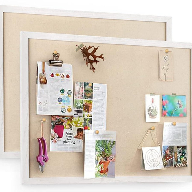 Miratino 2-Pack Large Bulletin Board 23x18 inch with Linen Wood Boards Wall Decor Hanging Pin Wood Framed Display Bulletin Cork Photo Picture Board for Room School Office 40-Pushpin Vintage White