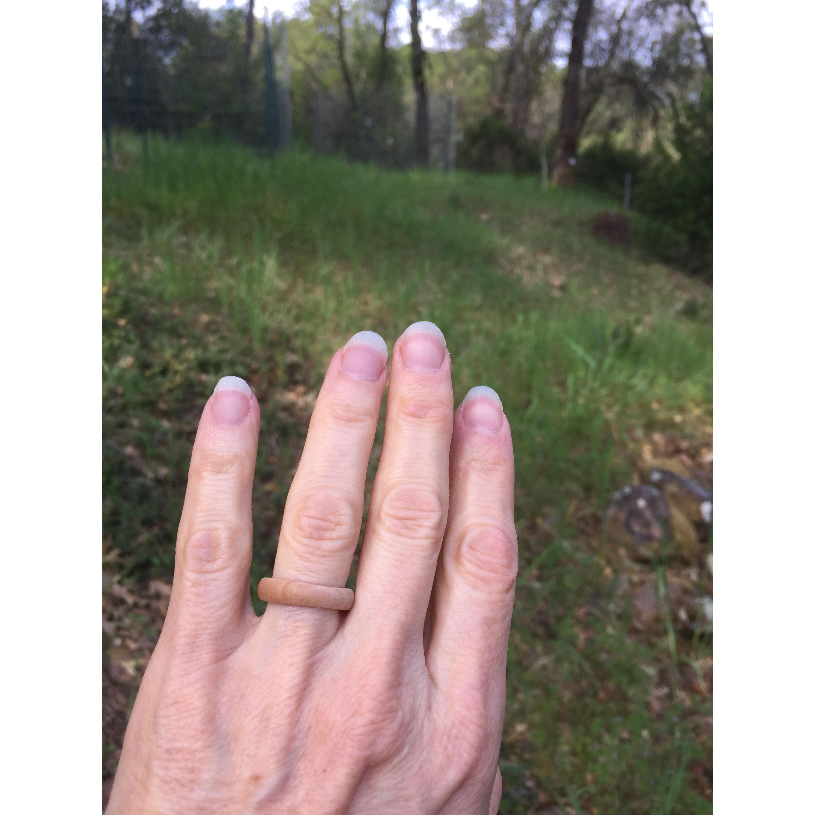 3-weeks into the pandemic, Matt proposes. We couldn't shop for engagement rings, so he made me one from the cedar he'd felled on our land. Very special!