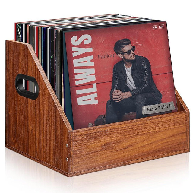 FUSOUBOTY Vinyl Record Storage, Wooden Record Crate Box Case, Vinyl Album Storage Record Holder Holds up to 60+ Records, Desktop Record Organizer for Storage, Decor and Collection Display (Walnut)