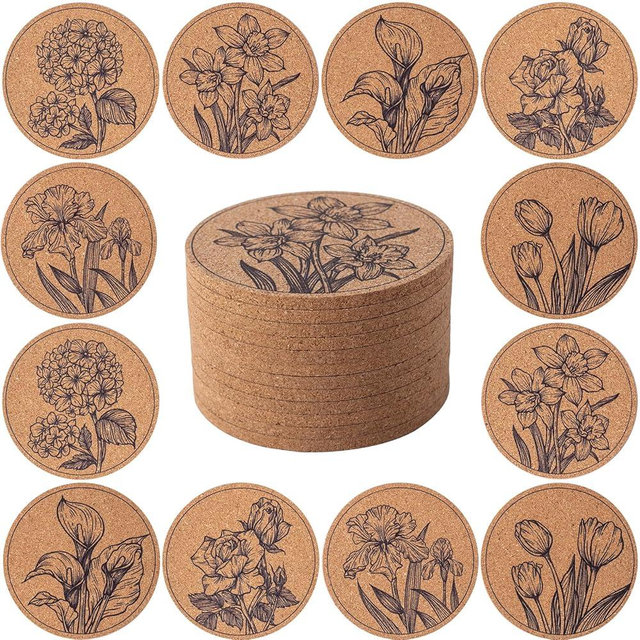 STARUBY Coasters for Drinks 12 pcs Absorbent Cork Coasters with Flower Coaster for Coffee Table Housewarming Gifts for New Home Present for Friends, Living Room Decor, Apartment Decor