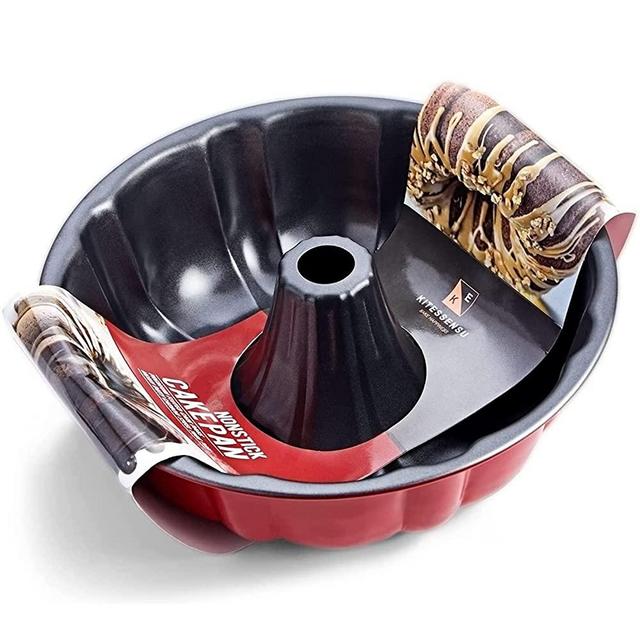 KITESSENSU 9 inch Non-Stick Cake Pans, 12 Cups Premium Fluted Cake Pans for baking, Heavy Duty Carbon Steel Tube Pan Baking Mold-Red