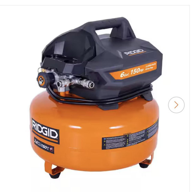 RIDGID 6 Gal. 150 PSI Portable Electric Oil-Free Jobsite Pancake Air Compressor with Dual Pressure Gauges and 2-Quick Couplers 02106416