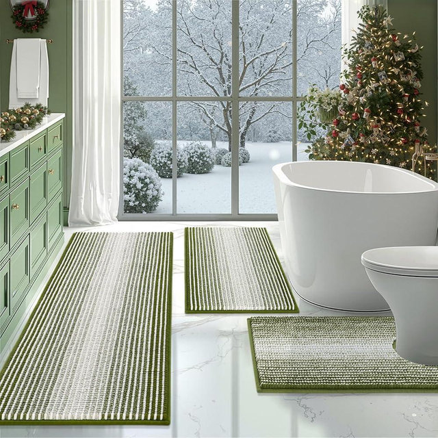 BSICPRO Bathroom Rugs Sets 3 Piece, Toilet Rugs U-Shaped Contour Bath Mat Set, Long Striped Absorbent Non Slip Chenille Shower Mat, Sage