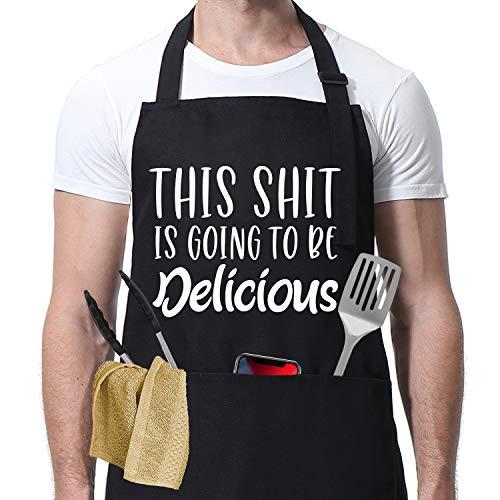 This is Going to be Delicious - Funny Black Aprons for Men and Women with 3 Pockets - Birthday, Valentines Day Gifts for Mom, Dad, Husband, Wife, Her, Him - Miracu Kitchen Chef Cooking BBQ Apron