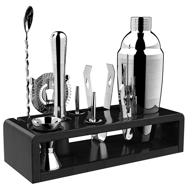 PentaQ Cocktail Shaker Set Bartender Kit with Wooden Stand 10 Pieces Stainless Steel Bar Set for Drink Mixing Bartending Tools for Home Bars, Parties and Drink Making