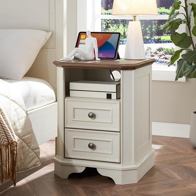 T4TREAM Farmhouse Nightstand with Charging Station, 18" End Table with 2 Drawers, Wood Side Table, Bedside Cabinet for Bedroom, Living Room (Antique White)