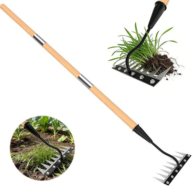 ATLRGISL Iron Weeding Rake with Wooden Long Handle 2.0, 8 Teeth Weed Puller Tool Heavy Duty, Manual Gardenia Weed Rake Tool for Yard, Lawn and Garden, 56Inch