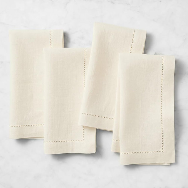 Solino Home Ivory Linen Napkins Set of 4-100% Pure Linen Hemstitch Dinner Napkins 20 x 20 Inch for Summer - Birch Hemstitch