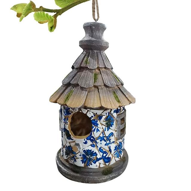 OUSHUAI Hanging Bird Houses for Outside 5.5" L x 5.5" W x 9.6" Height Cute Outdoor Decorative Resin Birdhouse Garden Decor Nest