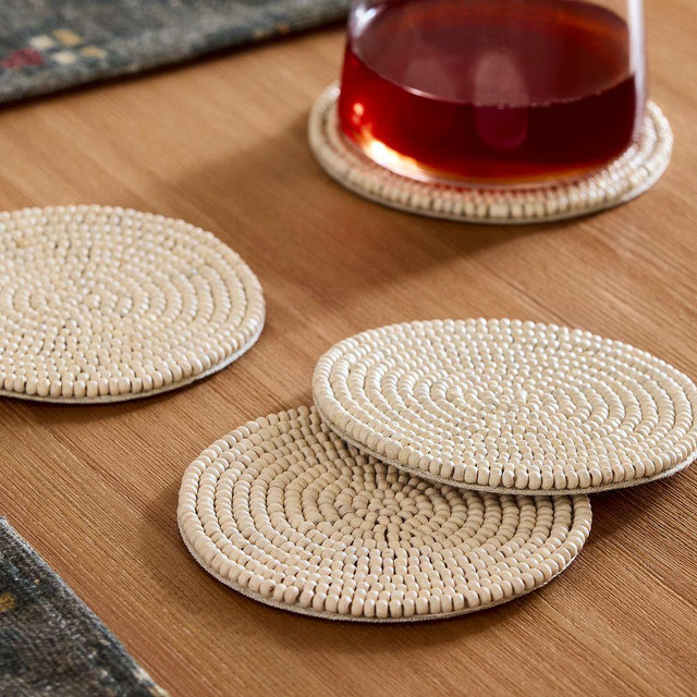 Wood Beaded Coasters, Natural, Set of 4