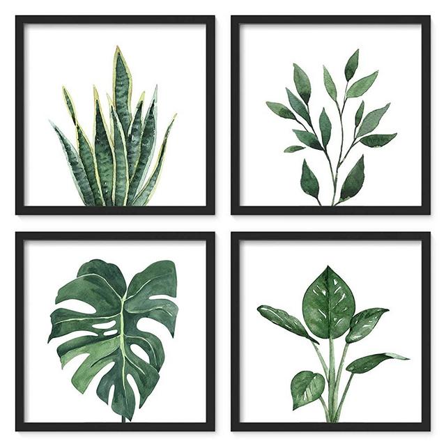 ArtbyHannah 10x10 Inch 4 Panels Botanical Framed Black Picture Frame Collage Set for Wall Art Décor with Watercolor Green Leaf Tropical Plant Square Frame for Home Decoration