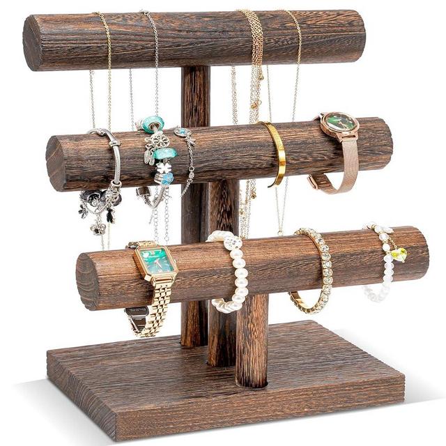 ProCase Bracelet Holder Display Bracelet Organizer, Wooden Bracelet Stand for Selling, T-bar Bangle Storage Rack Wood Watch Display Tower for Business - 3 Tier, Brown