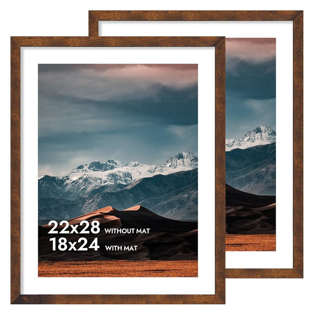 iRahmen 22x28 Poster Frame with 18x24 Mat - Plexiglass Wooden Picture Frames for Photo Wall Gallery Mounting (Dark Brown, Set of 2)