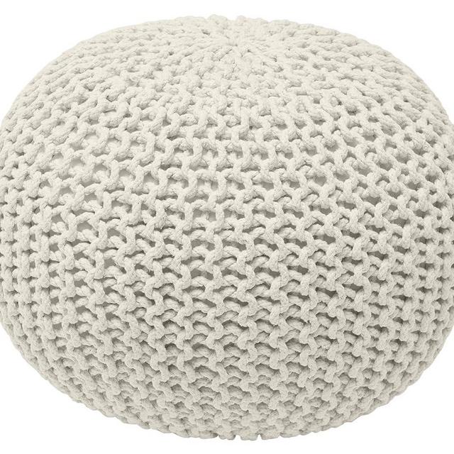 Ornavo Home Pouf Ottoman Foot Rest - 100% Cotton Pouffe - Hand Knitted Cable Braid Cord - Boho Round Stuffed Ottoman for Living Room, Bedroom - Natural