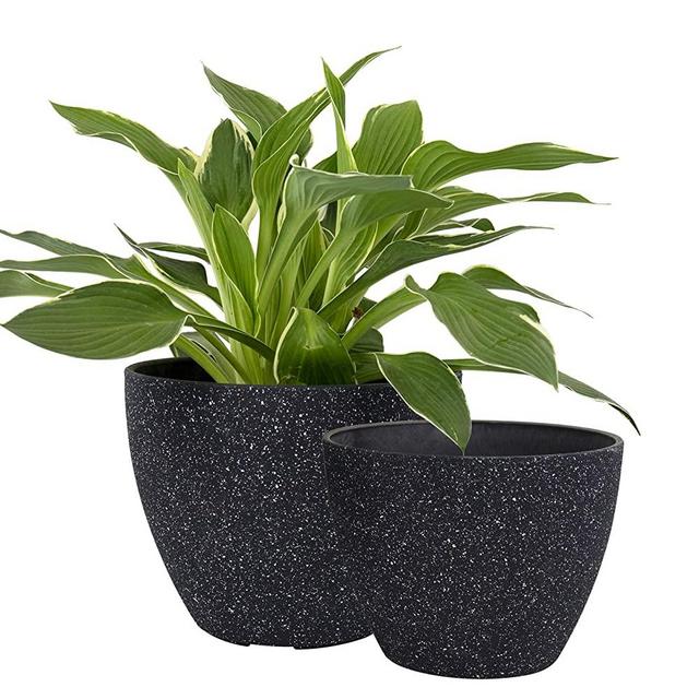 Flower Pots Outdoor Indoor Garden Planters, Plant Containers with Drain Hole, Speckled Black (8.6 + 7.5 Inch)