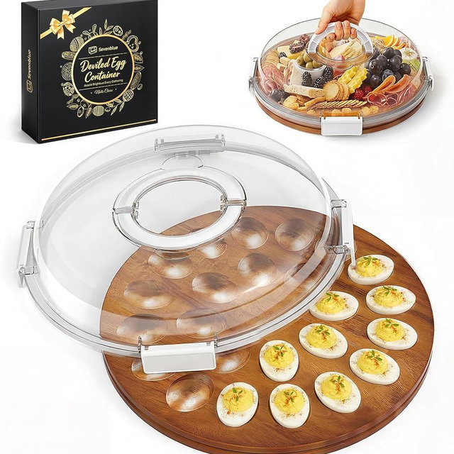 Sevenblue Acacia Wood Deviled Egg Containers with Lid and Handle, Portable Deviled Egg Platter for Easter, Potlucks & Party, Reversible Charcuterie Board Cutting Board