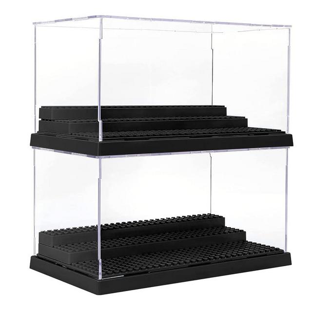 WMM Minifigure Display Case for Action Figures Blocks, Dustproof Acrylic Display Box Storage with 3 Movable Steps for Collection Models Minifigures, Bricks Blocks Toys, Black(2 Pack)