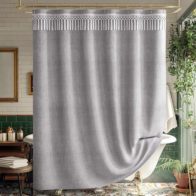 AmazerBath Boho Shower Curtains for Bathroom, Farmhouse Shower Curtain Gray with Top Tassels, Light Grey Shower Curtain with 12 Hooks, Faux Linen Fabric Hotel Quality, 72x72 Inches