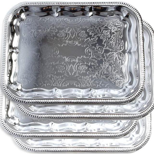 Maro Megastore (Pack of 4) 16.1-Inch x 12.2-Inch Oblong Rectangular Trim Victoria Floral Engraved Catering Chrome Plated Serving Plate Mirror Food Candle Deco Art Tray Platter Party(Medium) T227-4pk