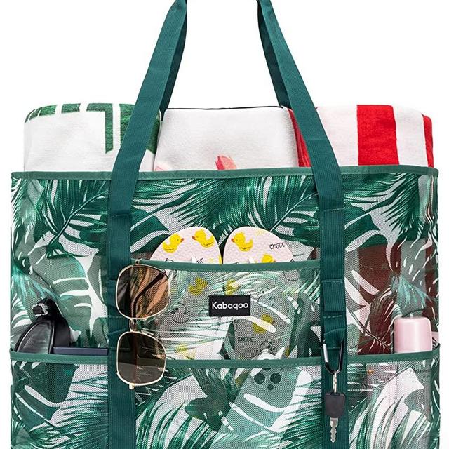 KABAQOO Mesh Beach Bag, Extra Large Beach Bags with 9 Pockets & Zipper Waterproof Lightweight Beach Tote for Beach/Pool Trip