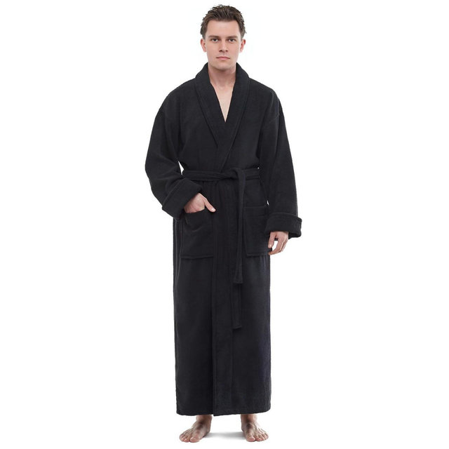 ESKYMODE Mens Terry Cotton Bathrobe, Ankle Length Long Towel Bath Robe , Black , Small-Medium