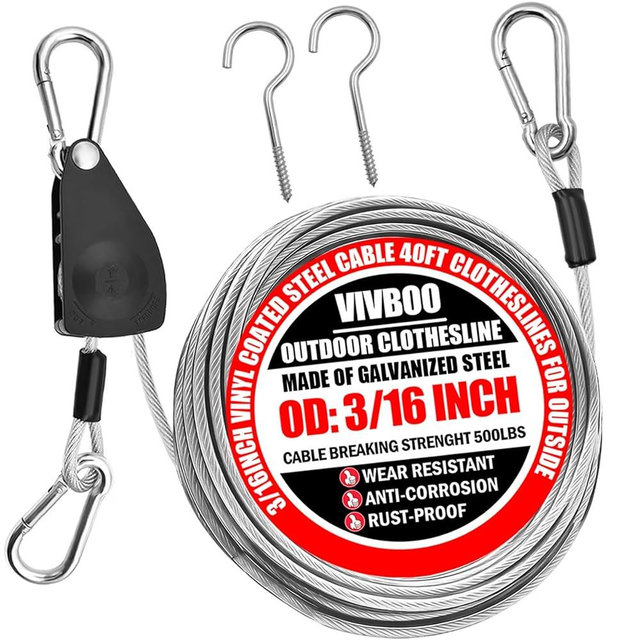 VIVBOO 40ft Clothes Line Outdoors 3/16" Wire Ropes Silver PVC Coating Laundry Drying Clothesline Retractor with Metal Hooks Heavy Duty for Umbrella Travel Outside Camping Backyard