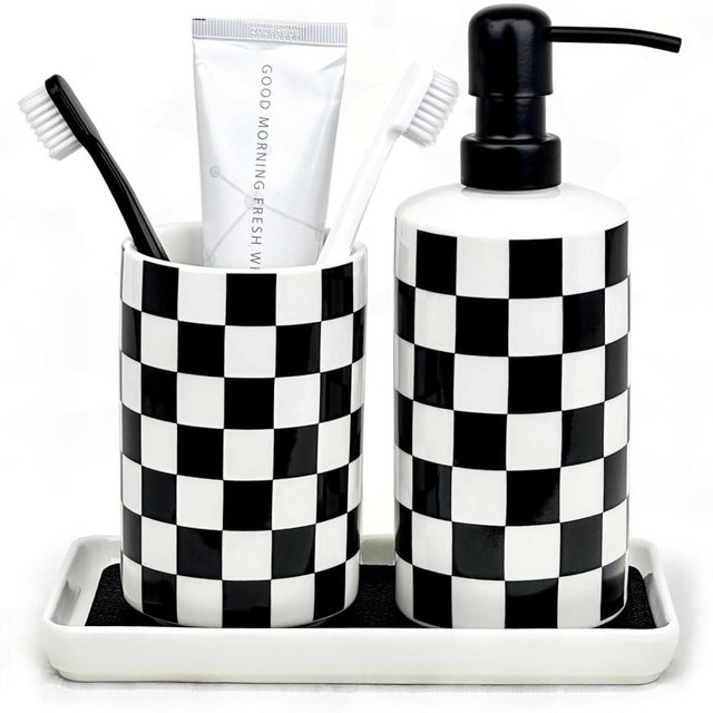 Ceramic Bathroom Accessories Set, Modern Toothbrush Holder and Soap Dispenser Set, Bathroom Counter Set 3Pcs- Lotion Dispenser, Tooth Brush Holder, Vanity Tray, Bathroom Necessities/Stuff