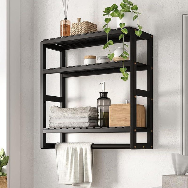 Galood Over The Toilet Storage Bathroom Shelves Wall Mounted 3 Tier Space Saver Corner Shelf Organizer Bamboo Towel Rack Toilet Paper Cabinet with Hanging Rod Black