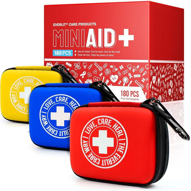 EVERLIT CARE Mini-Aid First Aid Kit | Compact & Lightweight Case with Carabiners for Travel | Family & Kid Friendly 180 Pcs Wound Care Supplies for School, Work, Outdoor, Home & Office | Pack of 3