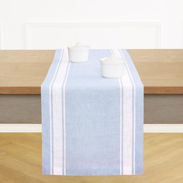 Solino Home Linen Table Runner Cashmere Blue 14 x 36 Inches | Country Stripe