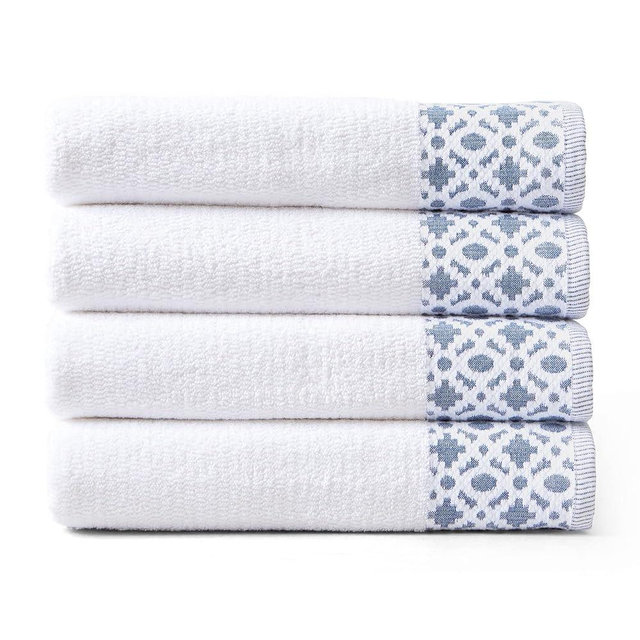 Market & Place 100% Cotton Luxury Bath Towel Set | Super Soft and Highly Absorbent | Textured Decorative Border | Includes 4 Bath Towels | Nitra Collection (White/Denim Blue)