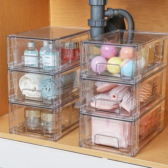 4 Pack Stackable Storage Drawers,Clear Acrylic Drawer Organizers with Handles, Easily Assemble for Fridge, Bathroom,Kitchen Undersink,Cabinet,Pantry Organization and Storage