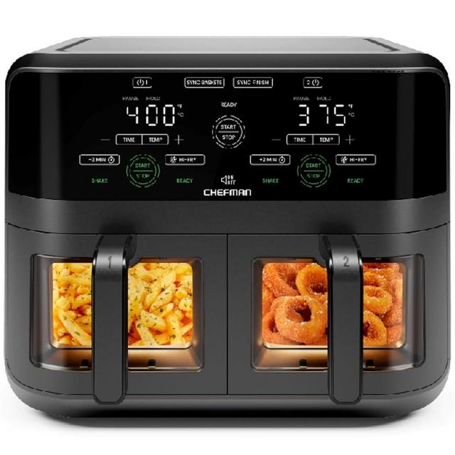 CHEFMAN 6 Quart Dual Basket Air Fryer Oven with Easy View Windows, Sync Finish, Hi-Fry, Auto Shutoff, 2 Independent 3Qt Nonstick Dishwasher Safe Frying Baskets, Digital Double Air Fryer - Black
