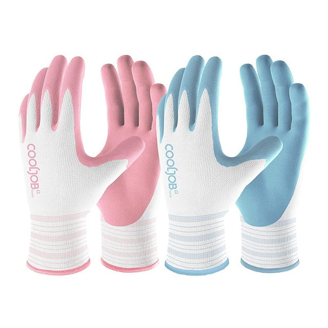 COOLJOB Gardening Gloves for Women Ladies, 2 Pairs Breathable Rubber Coated Garden Gloves, Outdoor Protective Work Gloves, Medium Size Fits Most, Blue & Pink (2 Pairs)