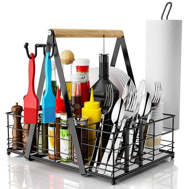 JBBTOOL Grill Caddy with Paper Towel Holder, BBQ Camping Caddy for Plates and Utensils, Picnic Condiment Storage Caddy, RV Patio Camper Must Haves, Outdoor Kitchen Barbecue Accessories