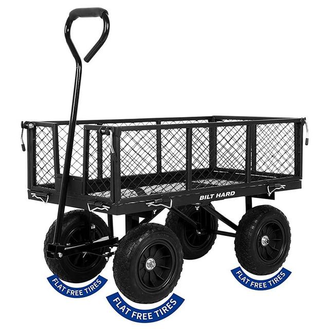 BILT HARD 400 lbs 10" Flat Free Tires Steel Garden Cart with 180° Rotating Handle and Removable Sides, 4 Cu.Ft Capacity Heavy Duty Garden Carts and Wagons