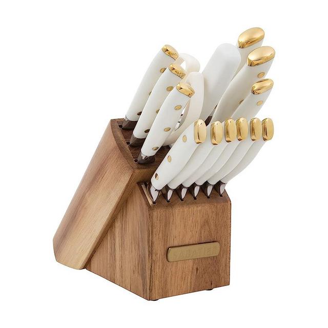 Sabatier Forged Triple Rivet, High-Carbon Stainless Steel Kitchen Knives, Razor-Sharp Knife Set with Acacia Wood Block, White and Brass Handles, 15-Piece