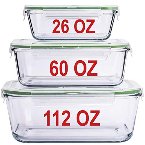 LARGE Glass Containers for Food Storage with Lids Container Baking Dish Set Glass Storage Containers with Locking Lid Set 3 112 OZ/60 OZ/26 OZ Large Glass Meal Storing Serving Food Leakproof Ovensafe