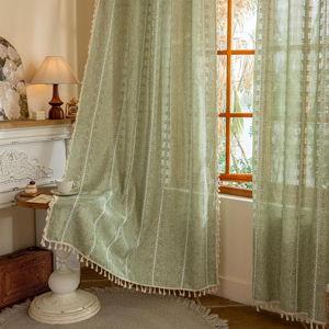 Boho Sheer Sage Green Curtains 84 inches Long 2 Panels for Living Room Bedroom,Farmhouse, Bohemian Tassels Country Light Filtering Xmas Curtains Shabby Chic Embroidery Striped Draps Back Tab, 50" W