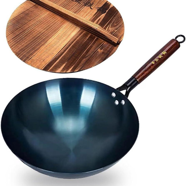 TKRADISH 14 Inch Hand Hammered Carbon Steel Wok, Round Bottom Traditional Chinese Wok with Wooden Handle & Lid, Uncoated Non-Stick Wok for Home Cooking, Camping & Gift