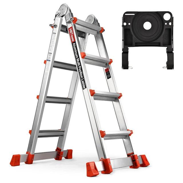 HBTower Ladder, A Frame 4 Step Extension Ladder, 17 FT Multi Position Ladder with Removable Tool Tray and Stabilizer Bar, 300 lbs Safe Load Telescopic Ladder for Home Indoor and Outdoor Work