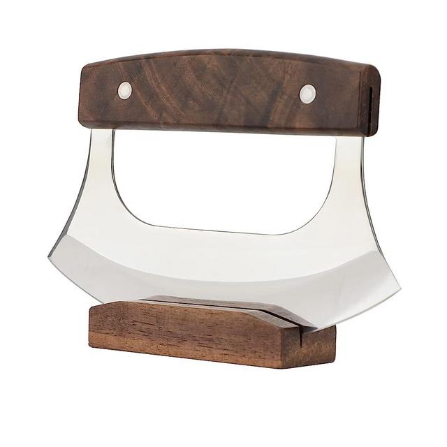 Coowolf Ulu Knife Pizza Cutter Rocker Knife Mezzaluna Knife with Base, Classic Walnutwood and Sharp Stainless Steel Blades, Ideal for Chopping Herbs or Salads- Essential Kitchen Knives