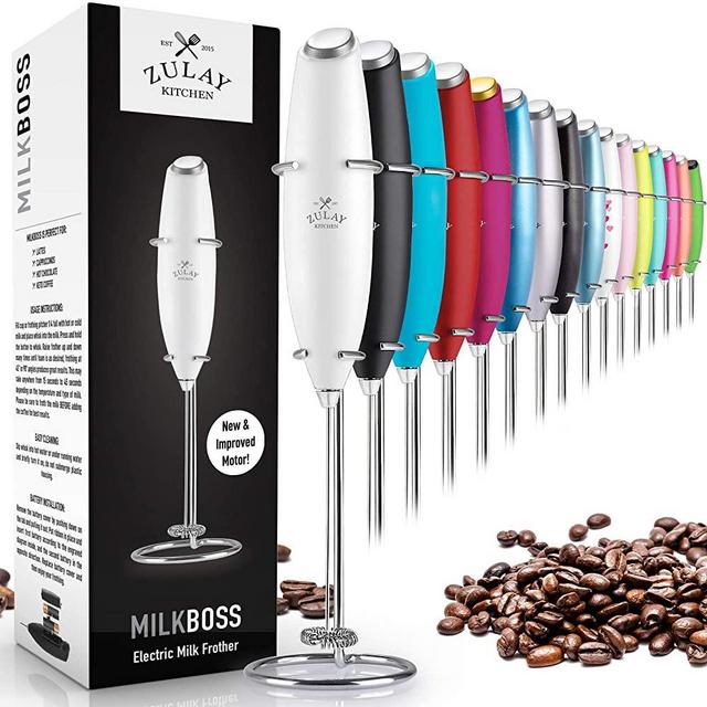 Zulay Original Milk Frother Handheld Foam Maker for Lattes - Whisk Drink Mixer for Bulletproof® Coffee, Mini Foamer for Cappuccino, Frappe, Matcha, Hot Chocolate by Milk Boss (Frosted White)